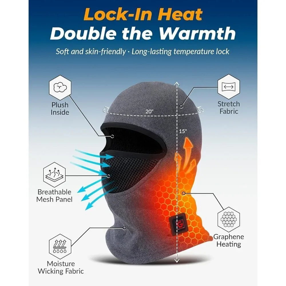 Men Balaclava - Grey Thermal Graphene Heated Face Cover  Winter Outdoor Gear